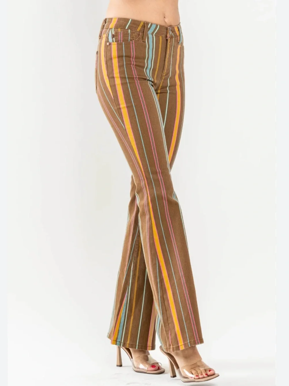 Judy Blue flare jeans mid rise stripe Stretch brown pink yellow blue 18W - Picture 8 of 12